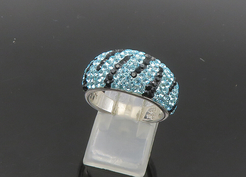 JACMEL 925 Silver  Vintage Blue Crystal Pattern Dome Band Ring Sz 8  RG21821