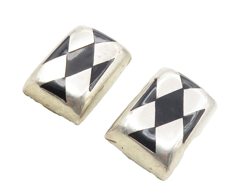 MEXICO 925 Sterling Silver  Vintage Black Onyx Non Pierce Earrings  EG5131