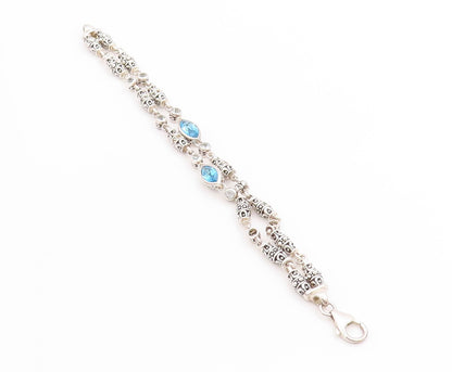 925 Sterling Silver Vintage Bracelet Marquise Blue Topaz Etched Barrels  BT11391