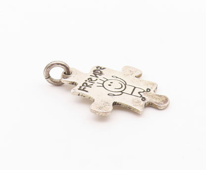 925 Sterling Silver Vintage Etched Stick Figure Friends Puzzle Pendant PT20142