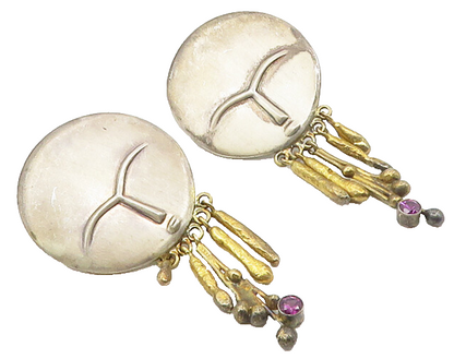 925 Sterling Silver  Vintage Modernist Amethyst Two Tone Drop Earrings  EG5249