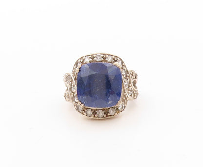 925 Sterling Silver Vintage Ring Square Cut Sapphire & Topaz Inlay Sz 5  RG30671