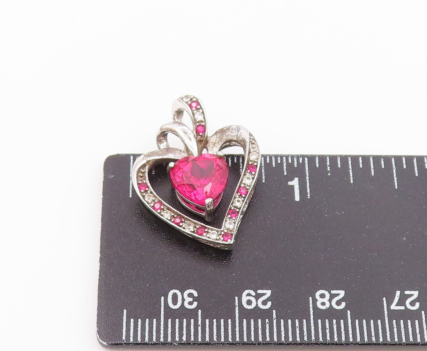 925 Sterling Silver  Vintage Pink & White Topaz Love Heart Pendant  PT16545