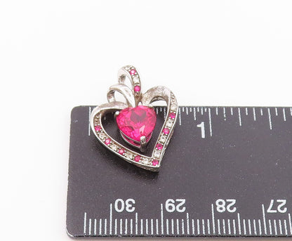 925 Sterling Silver  Vintage Pink & White Topaz Love Heart Pendant  PT16545