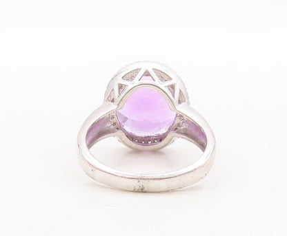 925 Sterling Silver Vintage Ring Round Cut Amethyst Halo CZ  Sz 7.5  RG29571