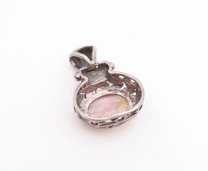 925 Sterling Silver Vintage Pendant Mother Of Pearl Etched Floral Design PT24869