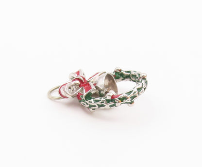 925 Sterling Silver  Vintage Christmas Wreath Bow & Bell Pendant  PT18823