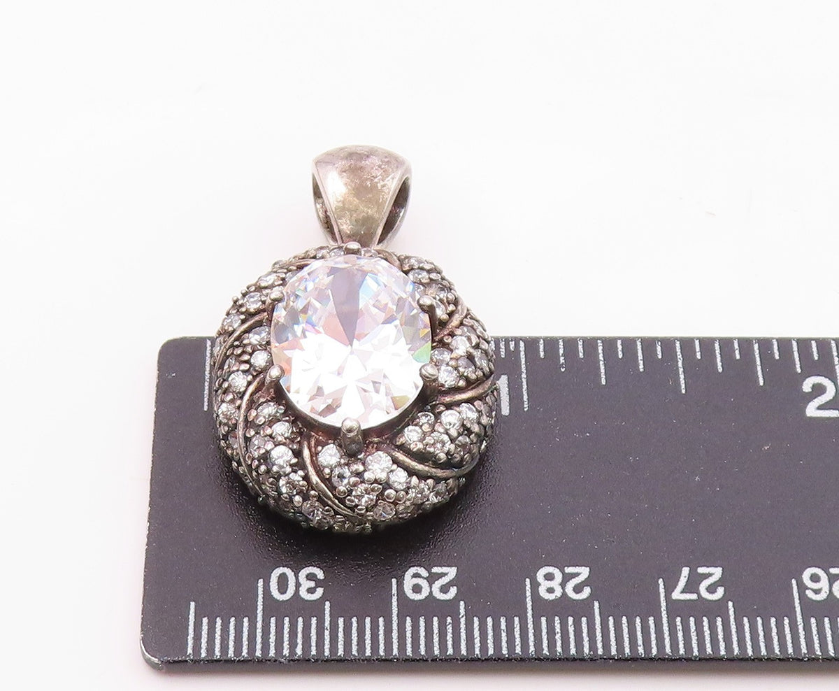 925 Sterling Silver   Vintage Sparkling Cubic Zirconia Oval Pendant  PT14994