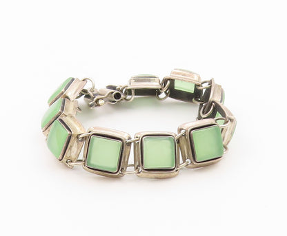 925 Sterling Silver Vintage Bracelet POLAND Jade Geometric Square Link  BT12175