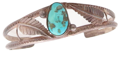 925 Sterling Silver Vintage Bracelet NAVAJO ZUNI Floral Oval Turquoise  BT10699