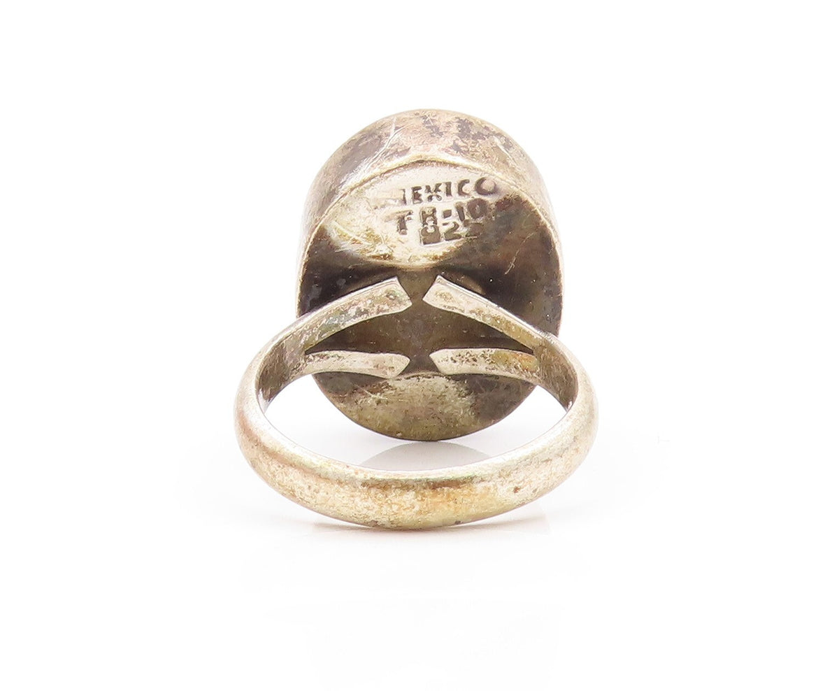 925 Sterling Silver Vintage Ring TAXCO Dark tone Cabochon Amber  Sz 9  RG31865
