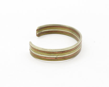 925 Sterling Silver  Vintage Shiny Three Tone Striped Cuff Bracelet  BT6708
