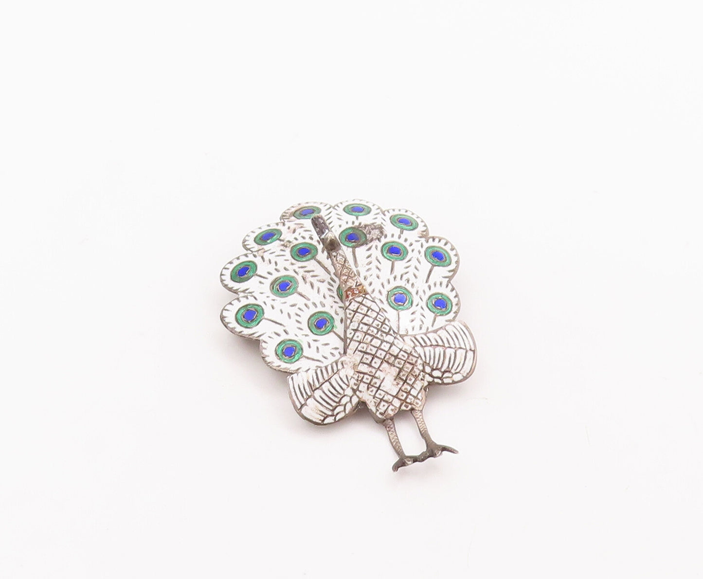 925 Sterling Silver Vintage Brooch Pin SIAM Enameled Peacock Moves  BP10962