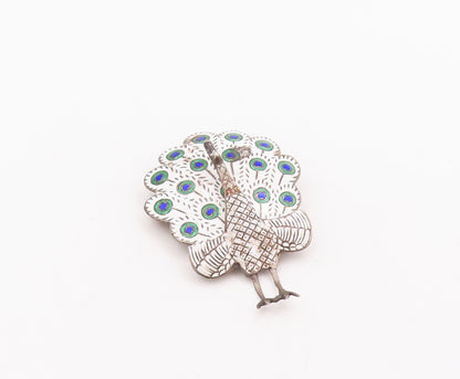 925 Sterling Silver Vintage Brooch Pin SIAM Enameled Peacock Moves  BP10962