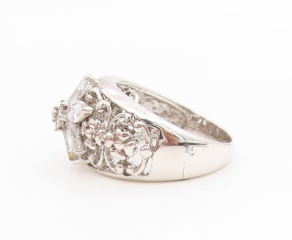 925 Sterling Silver Vintage Ring CZ Elegant Floral Scrollwork Band Sz 7 RG34607
