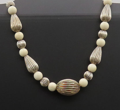 DOBBS 925 Sterling Silver  Vintage Carved & White Beaded Long Necklace  NE4182