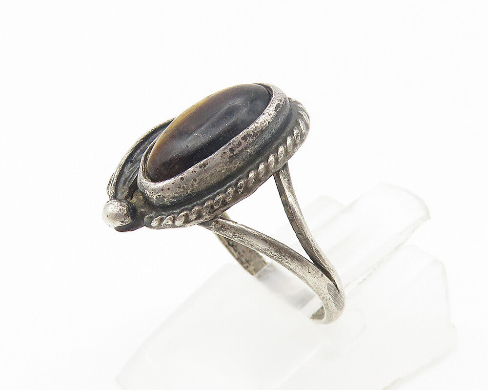 925 Silver  Vintage Cabochon Cut Tiger's Eye Band Ring Sz 4  RG10780