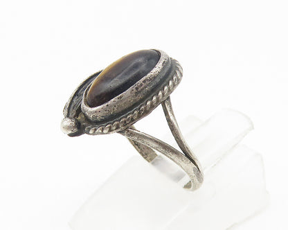 925 Silver  Vintage Cabochon Cut Tiger's Eye Band Ring Sz 4  RG10780