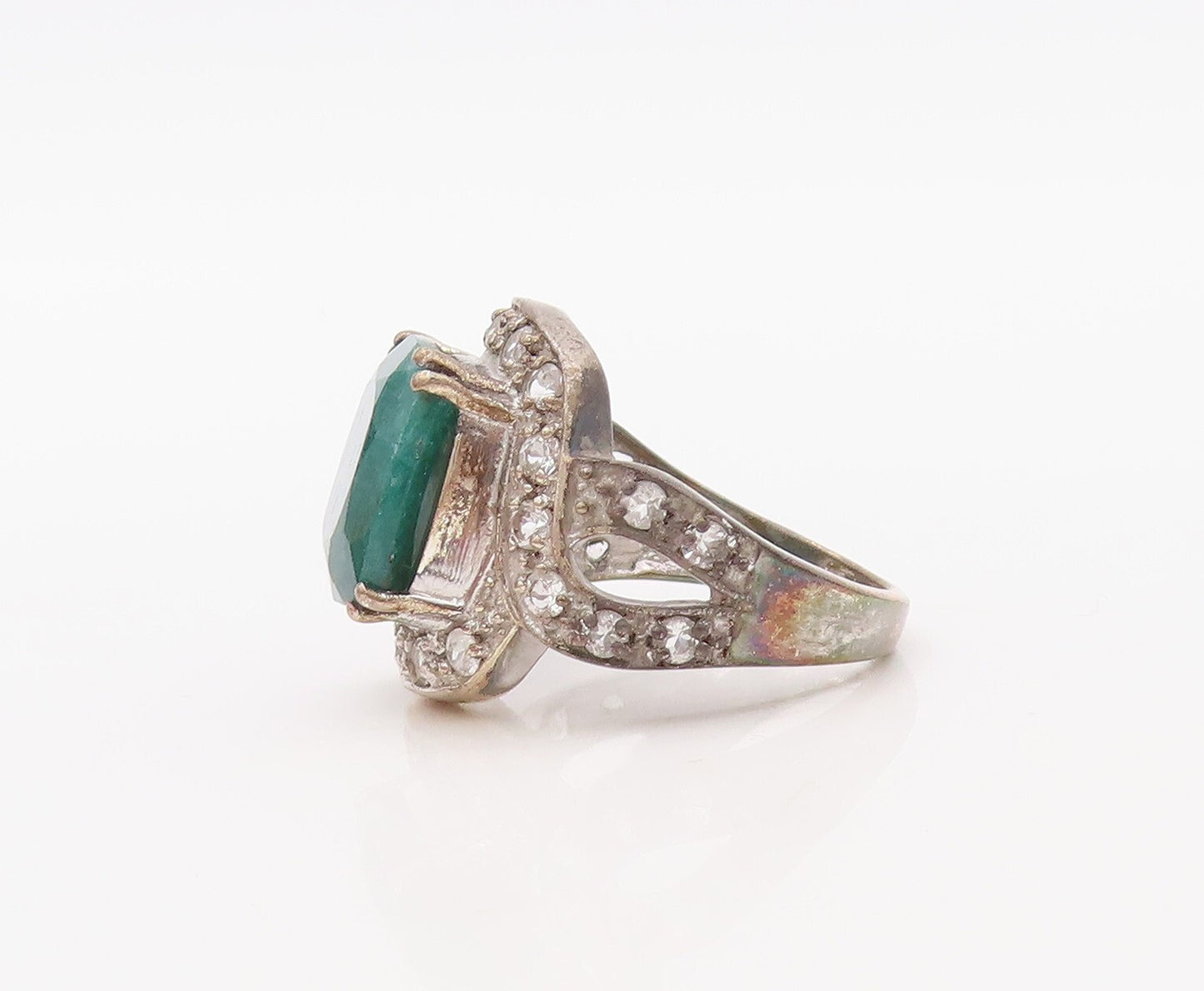 925 Sterling Silver Vintage Ring Square Cut Gemstone & CZ Inlay  Sz 7  RG30597