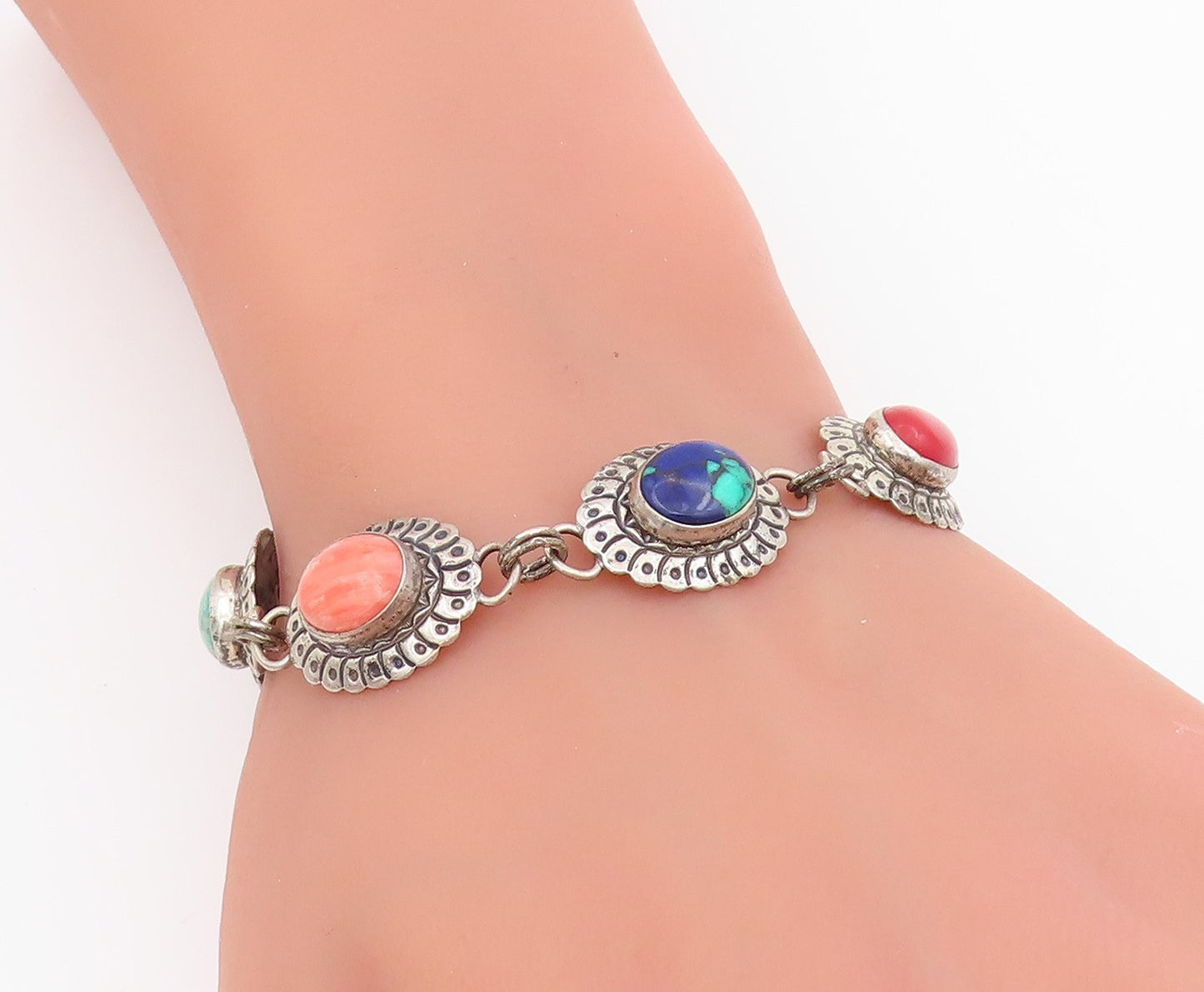 925 Sterling Silver Vintage Bracelet SOUTHWESTERN Multi Gemstone Link BT11527