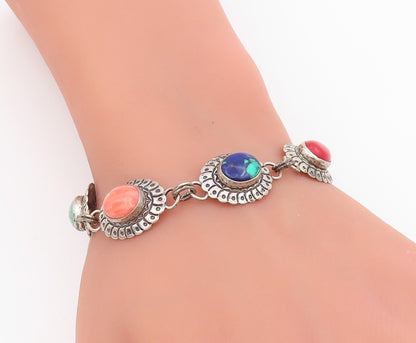 925 Sterling Silver Vintage Bracelet SOUTHWESTERN Multi Gemstone Link BT11527
