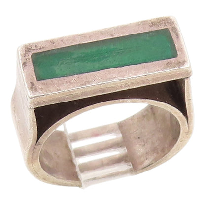 925 Sterling Silver Vintage Ring Green Enamel Rectangular Inlay  Sz 5  RG35355