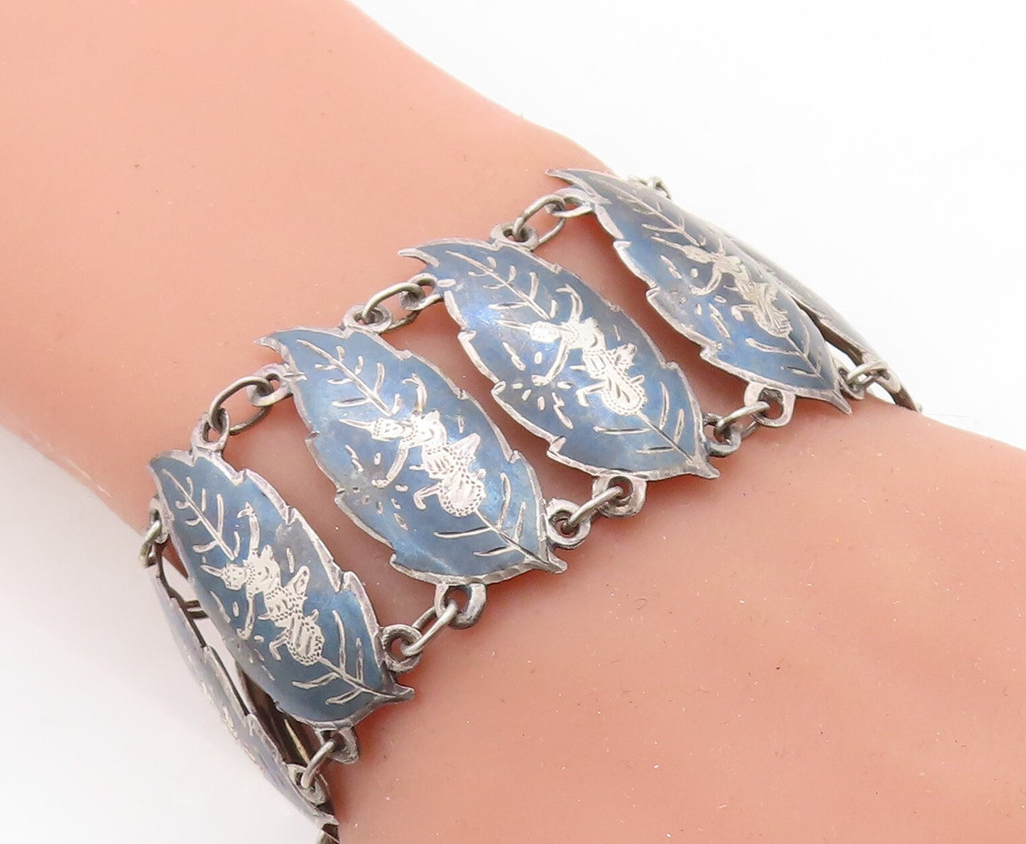 SIAM 925 Sterling Silver  Vintage Niello Dancer Floral Chain Bracelet  BT2183