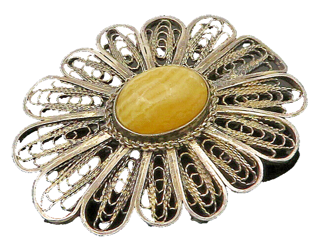 ISRAEL 925 Sterling Silver  Vintage Agate Filigree Flower Brooch Pin  BP7021