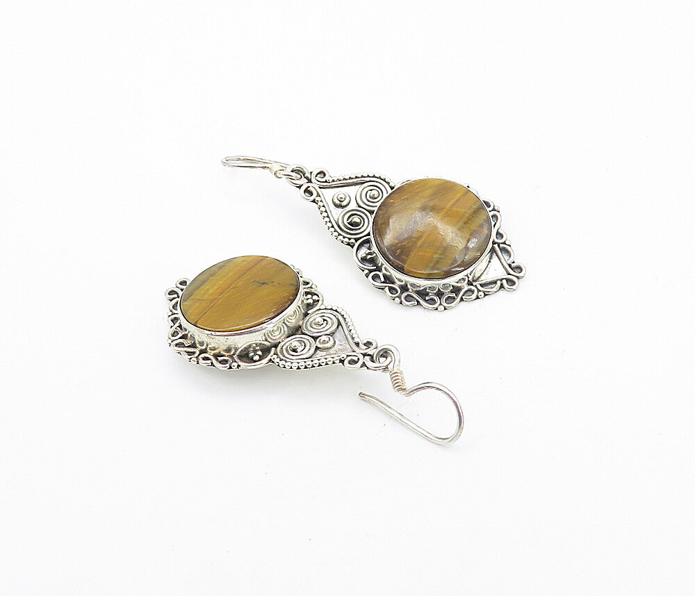 925 Sterling Silver  Vintage Tiger's Eye Heart Swirl Dangle Earrings  EG3298