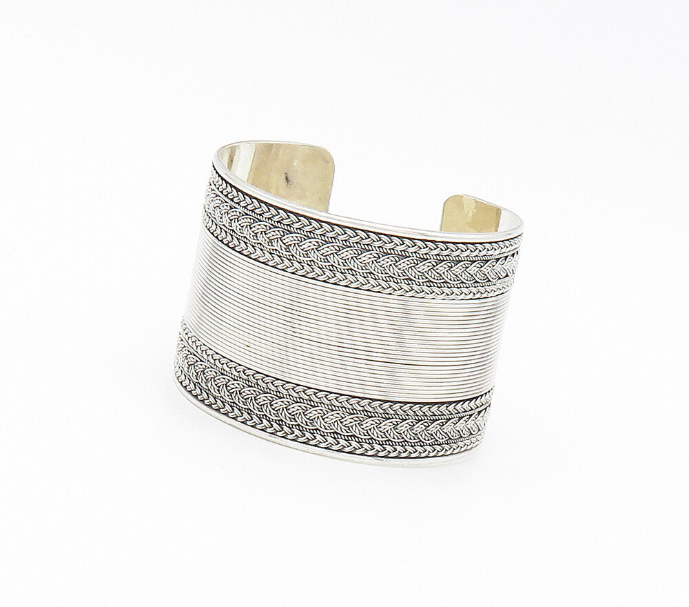 925 Sterling Silver  Vintage Shiny Braided Wheat Wide Cuff Bracelet  BT6448