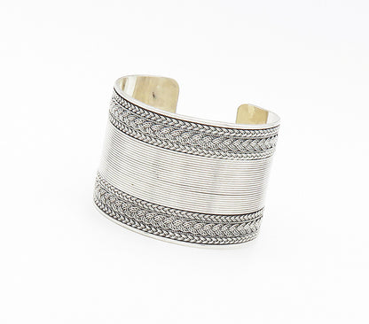 925 Sterling Silver  Vintage Shiny Braided Wheat Wide Cuff Bracelet  BT6448