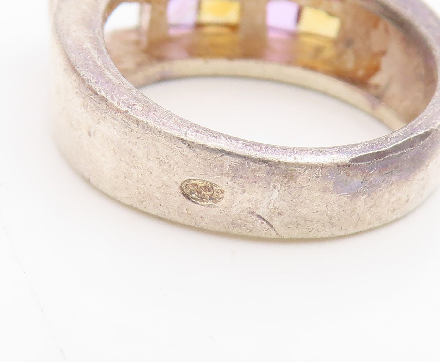 925 Sterling Silver Vintage Ring Multi Gemstone Geometric Band  Sz 7.5  RG34828