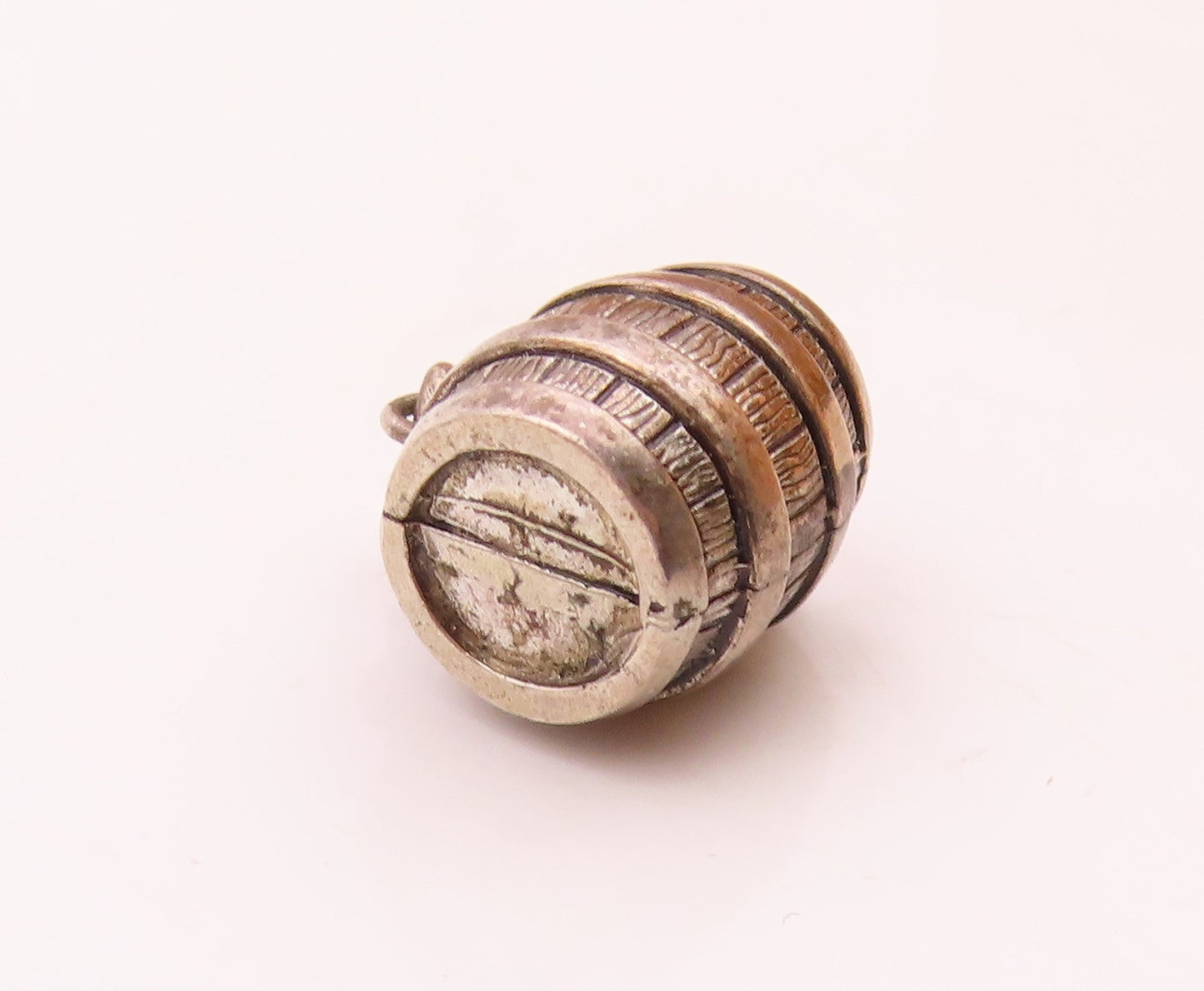 BENDEL 925 Sterling Silver  Vintage Petite Wooden Barrel Hollow Pendant  PT17832
