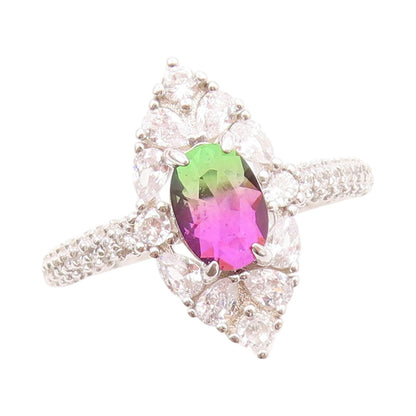 925 Sterling Silver Vintage Ring Designer Gemstone & CZ Cocktail Sz 7.5  RG31816