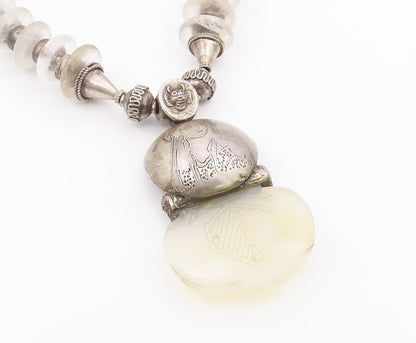 Vintage Silver Necklace Etched Goddess Glass & Bead Heavy Viking  NE3890