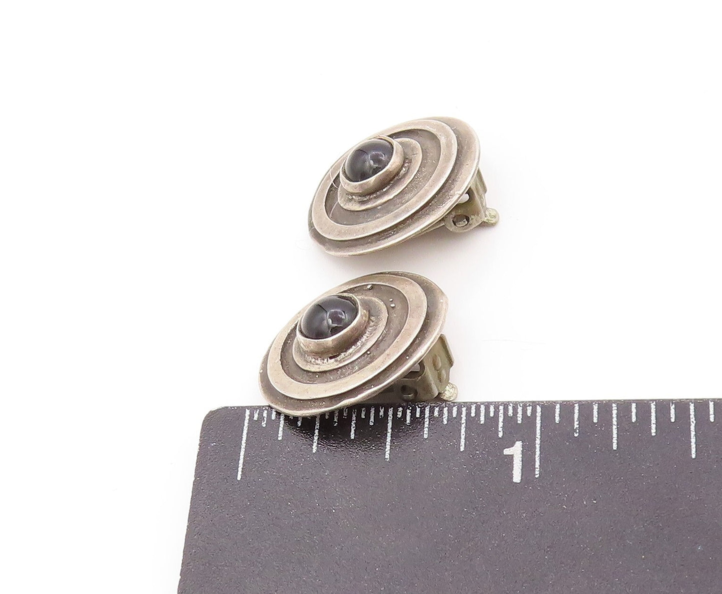 925 Sterling Silver Vintage Earrings Cabochon Onyx Carved Rings Design EG13347
