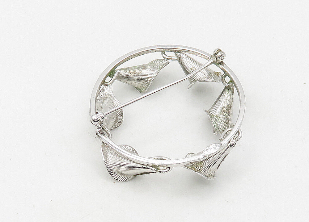 WELLS 925 Silver  Vintage Shiny Hematite Floral Wreath Brooch Pin  BP8444