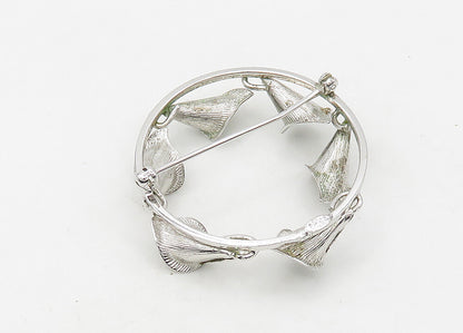WELLS 925 Silver  Vintage Shiny Hematite Floral Wreath Brooch Pin  BP8444