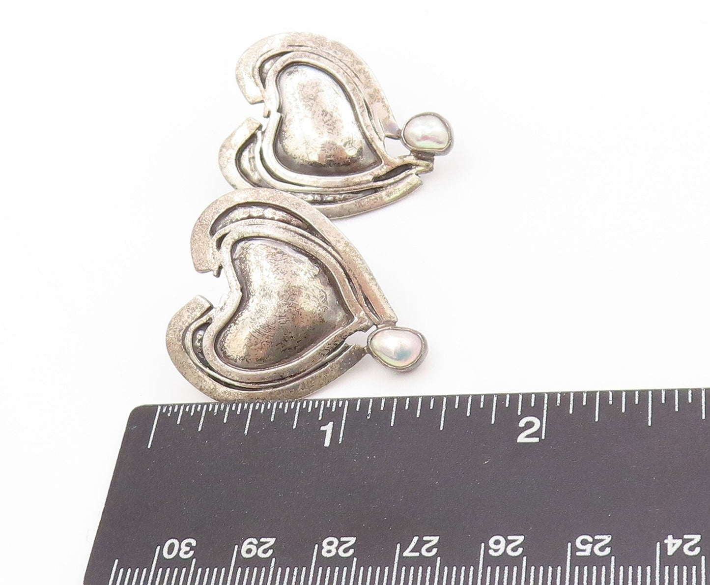 925 Sterling Silver Vintage Earrings SACHS Dark Tone Pearl Heart  EG13373