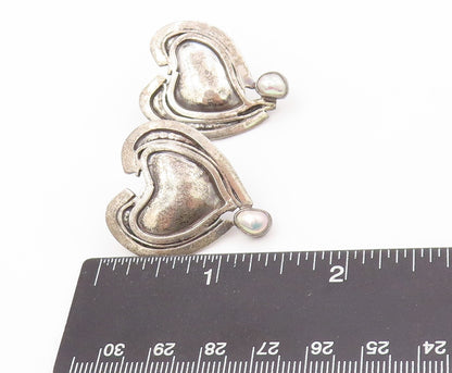 925 Sterling Silver Vintage Earrings SACHS Dark Tone Pearl Heart  EG13373