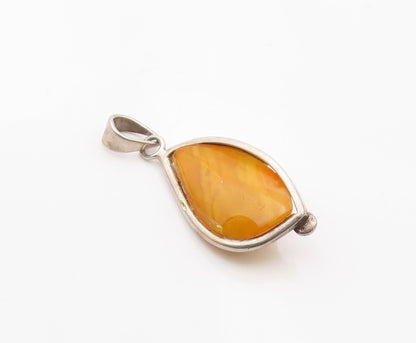 925 Sterling Silver  Vintage Egg Yolk Amber Drop Pendant  PT19967