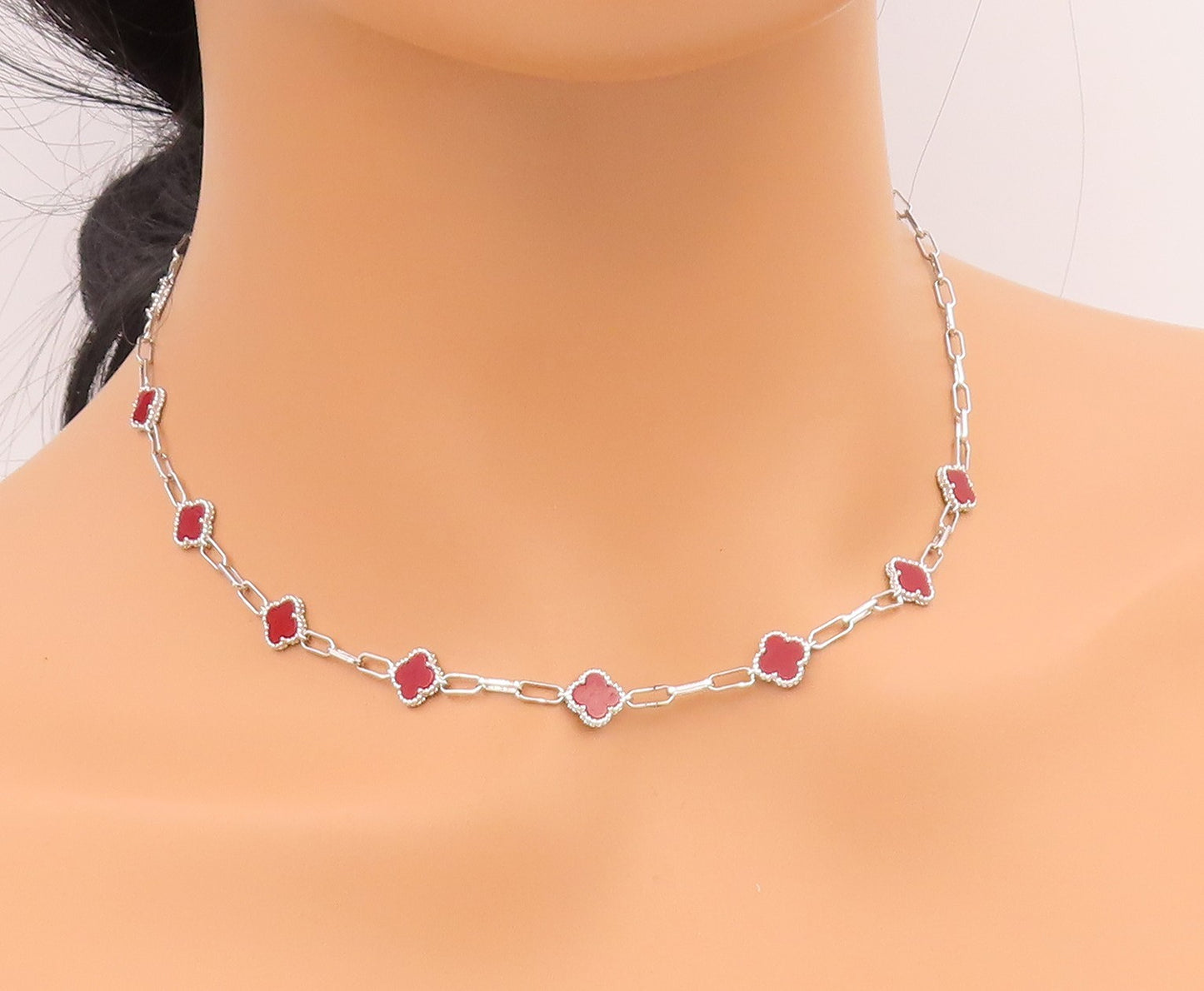 925 Sterling Silver Vintage Necklace Elegant Carnelian Lucky Clover Chain NE4917