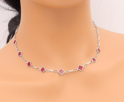 925 Sterling Silver Vintage Necklace Elegant Carnelian Lucky Clover Chain NE4917