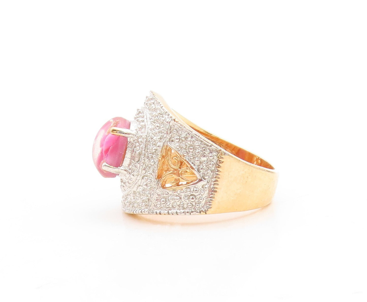 925 Sterling Silver Vintage Ring Gold Plated Pink Gemstone & CZ  Sz 5  RG31457