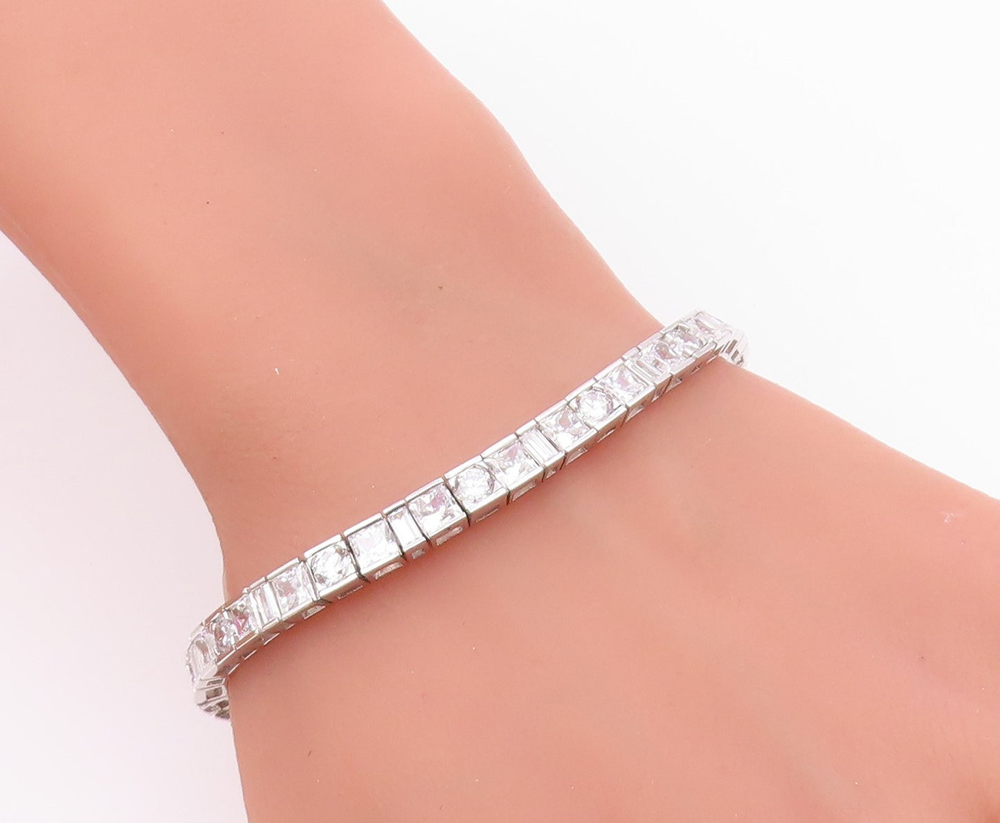 925 Sterling Silver  Vintage Cubic Zirconia Box Link Chain Bracelet  BT8349