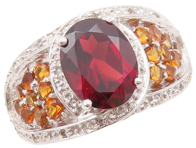 925 Sterling Silver Vintage Ring Oval Garnet Citrine & Topaz Inlay Sz 7  RG29455