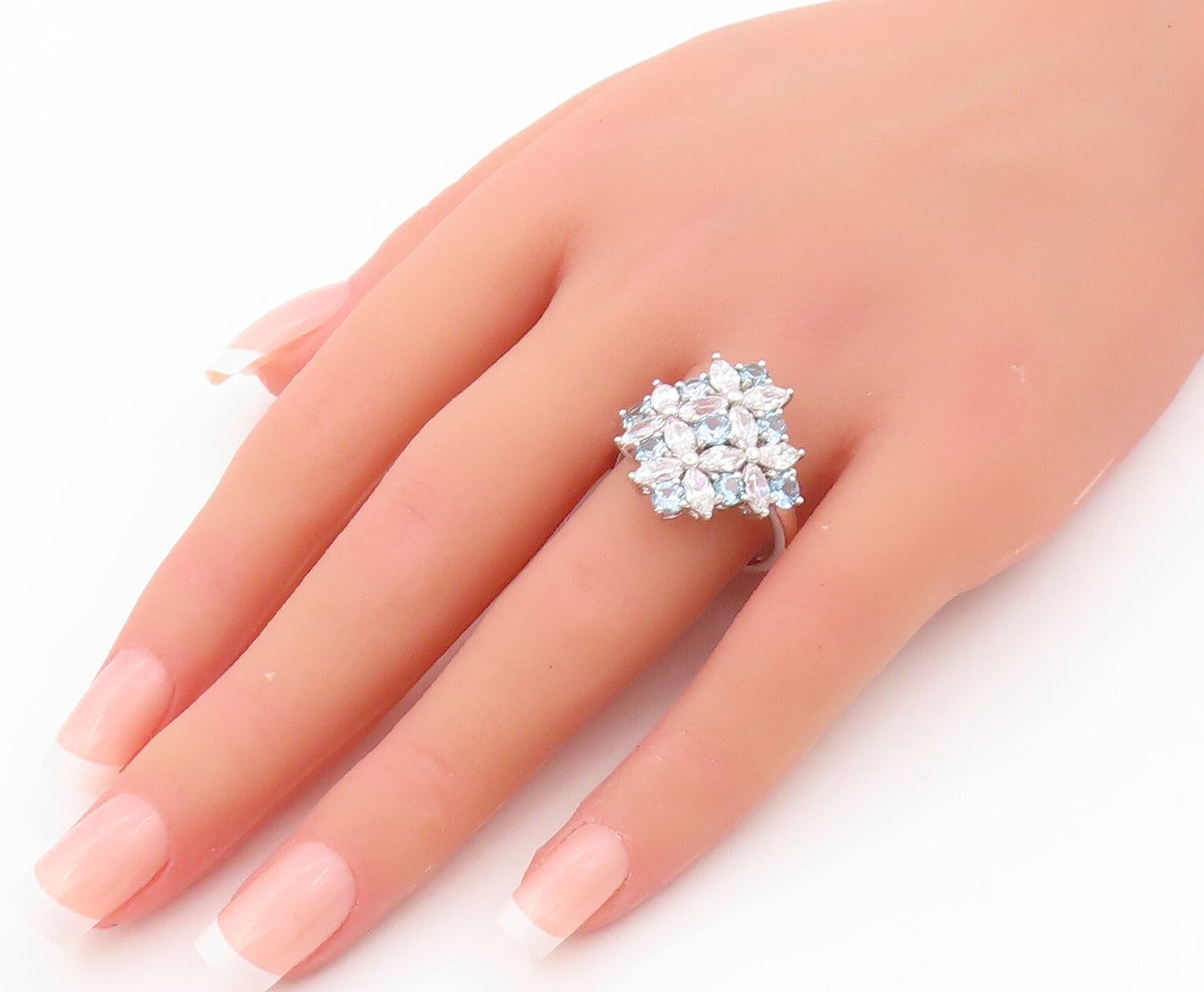925 Sterling Silver Vintage Ring White & Blue CZ Flowers Inlay  SZ 9  RG31938