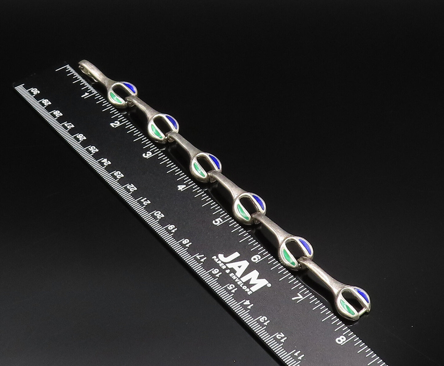 925 Sterling Silver  Vintage Green & Blue Enamel Wrench Link Bracelet  BT9708