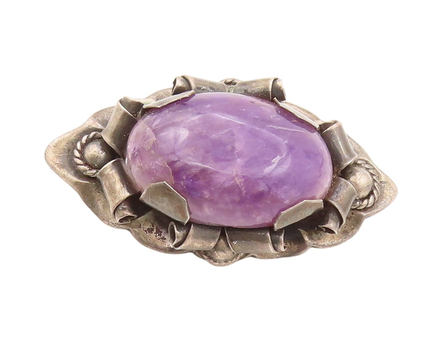 925 Sterling Silver Vintage Brooch MEXICO Oval Amethyst Antique Flower  BP11538