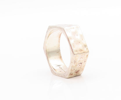 925 Sterling Silver Vintage Ring Brutalist Carved Hexagonal Cut  Sz 7  RG33406